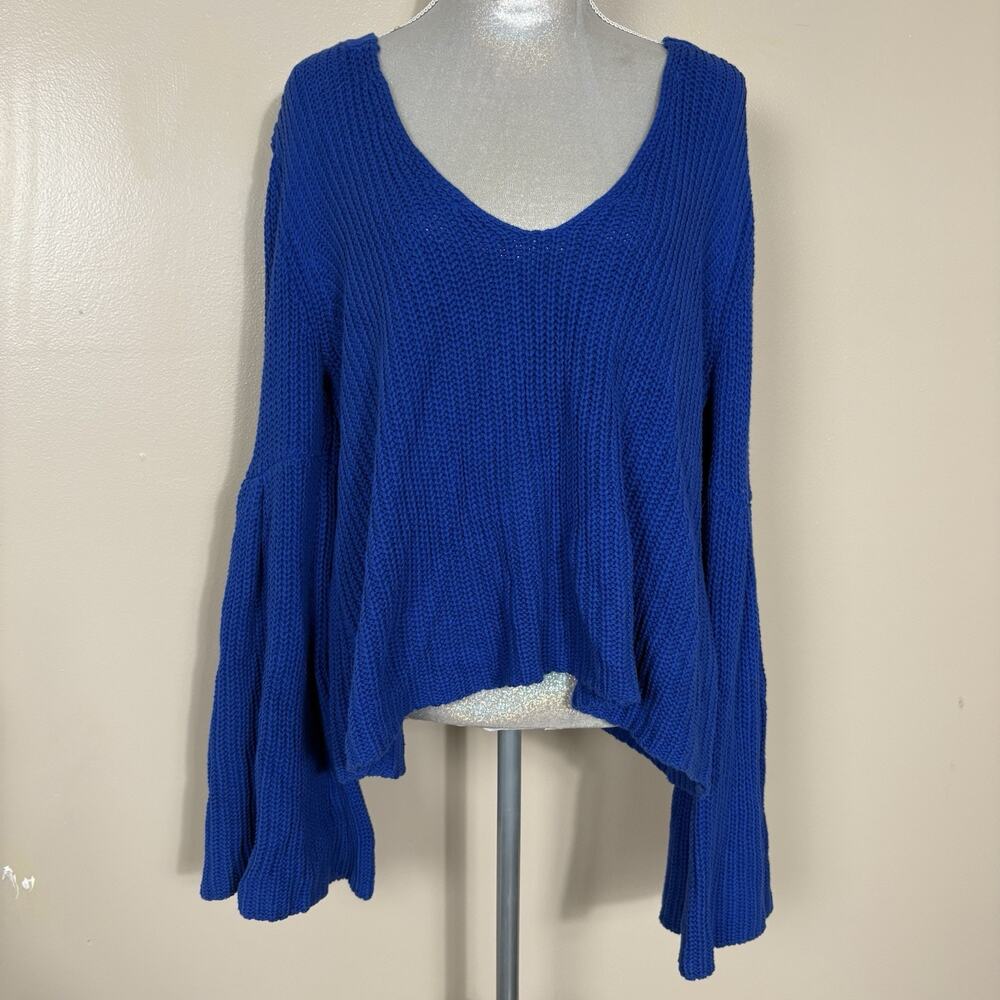 Free People Open Knit Bell Sleeve Boxy Sweater Blue Size L Coastal Boho